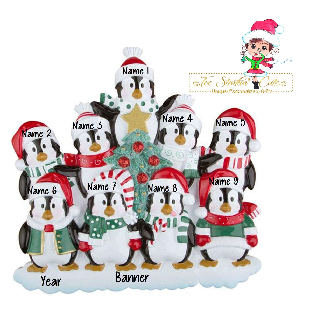 Personalized Christmas Table Topper Penguin Tree Family of 6 – Too Stinkin'  Cute