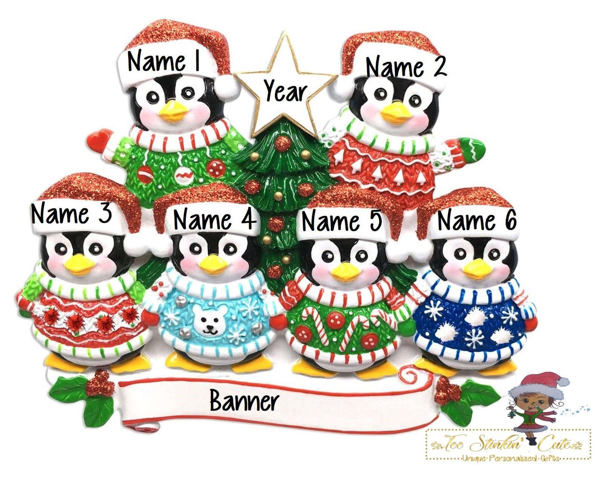 Personalized Christmas Table Topper Penguin Tree Family of 6 – Too Stinkin'  Cute