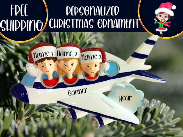 Airplane Vacation Family of 3 Personalized Christmas Ornament