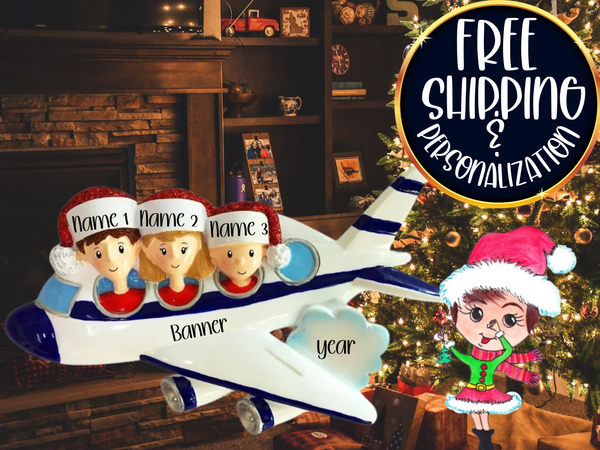 Airplane Vacation Family of 3 Personalized Christmas Ornament