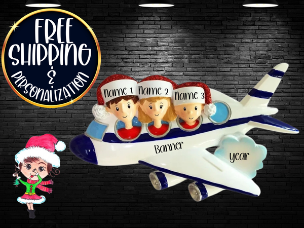 Airplane Vacation Family of 3 Personalized Christmas Ornament