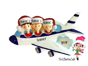 Airplane Vacation Family of 3 Personalized Christmas Ornament