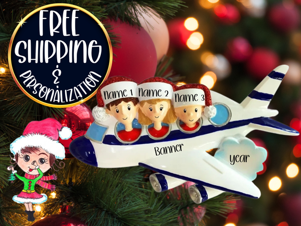 Airplane Vacation Family of 3 Personalized Christmas Ornament