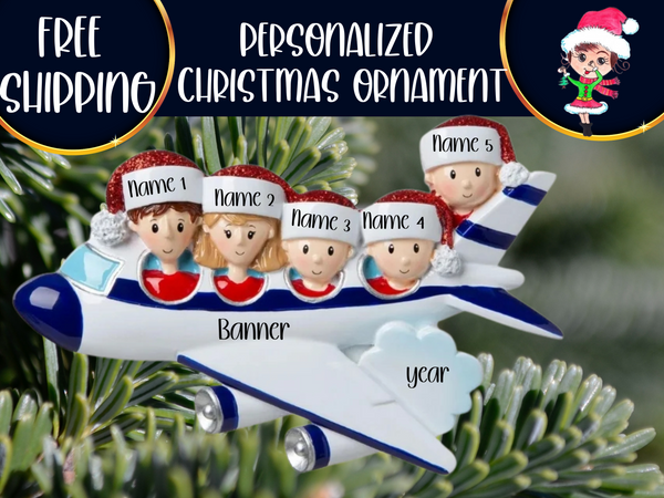 Airplane Vacation Family of 5 Personalized Christmas Ornament