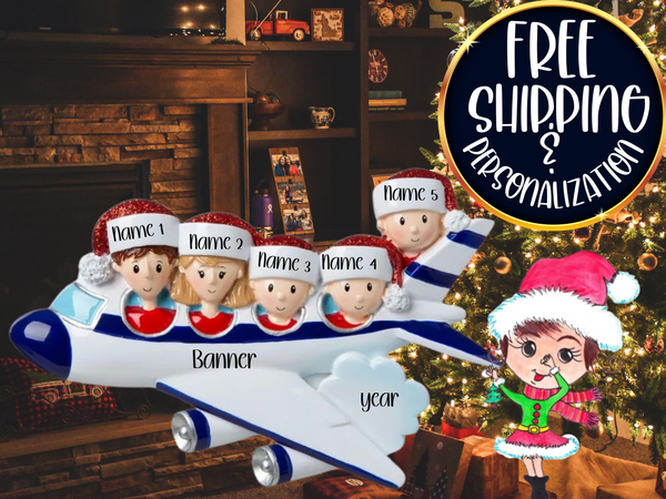 Airplane Vacation Family of 5 Personalized Christmas Ornament