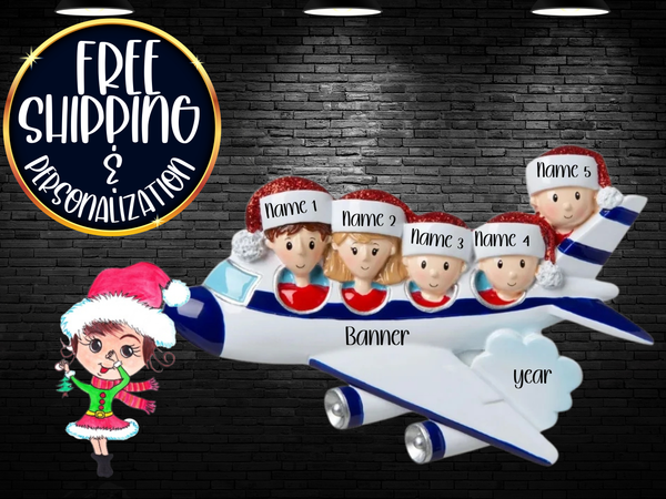 Airplane Vacation Family of 5 Personalized Christmas Ornament