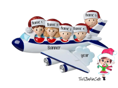 Airplane Vacation Family of 5 Personalized Christmas Ornament