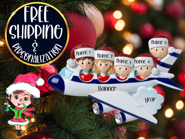 Airplane Vacation Family of 5 Personalized Christmas Ornament