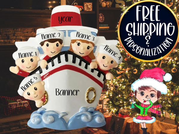 Cruise Family of 5 Personalized Christmas Ornament