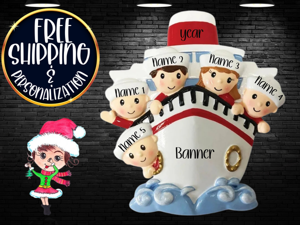 Cruise Family of 5 Personalized Christmas Ornament