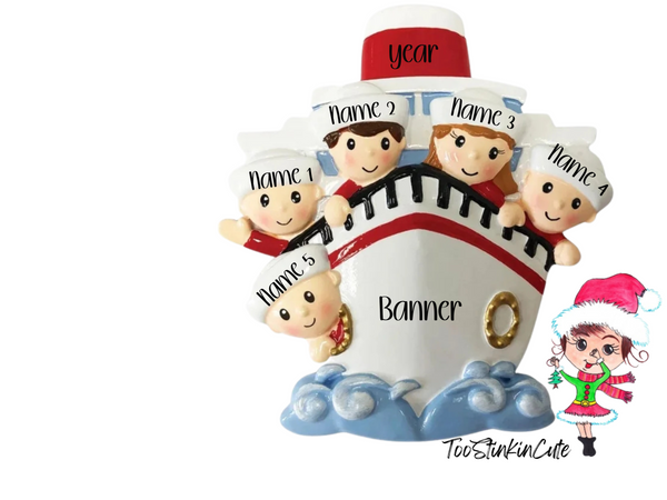 Cruise Family of 5 Personalized Christmas Ornament