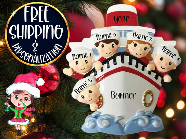 Cruise Family of 5 Personalized Christmas Ornament