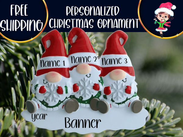 Gnome Family of 3 Personalized Christmas Ornament