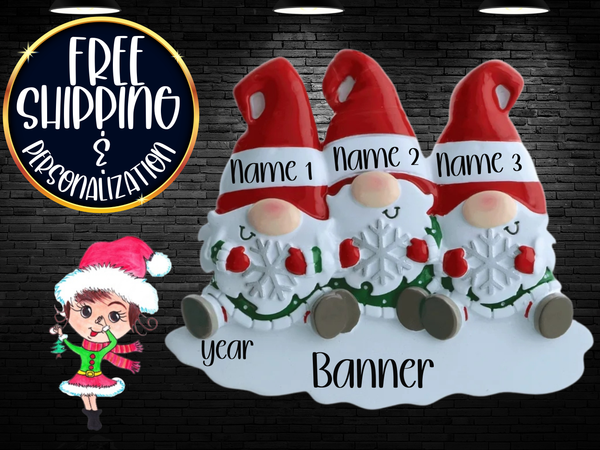 Gnome Family of 3 Personalized Christmas Ornament