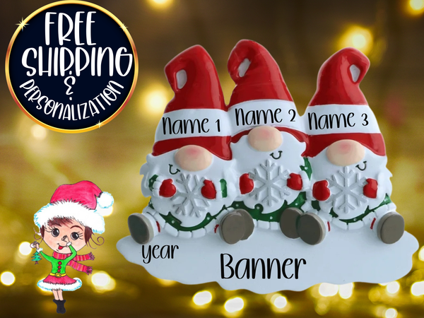 Gnome Family of 3 Personalized Christmas Ornament