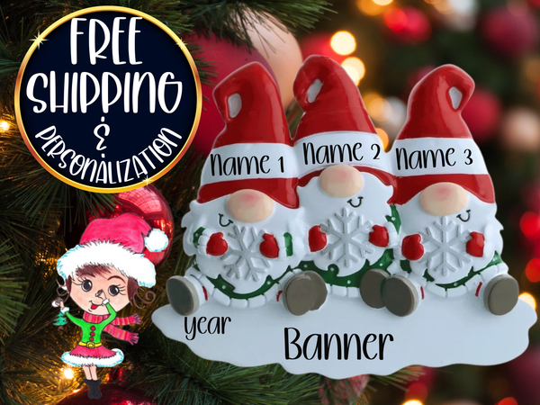 Gnome Family of 3 Personalized Christmas Ornament