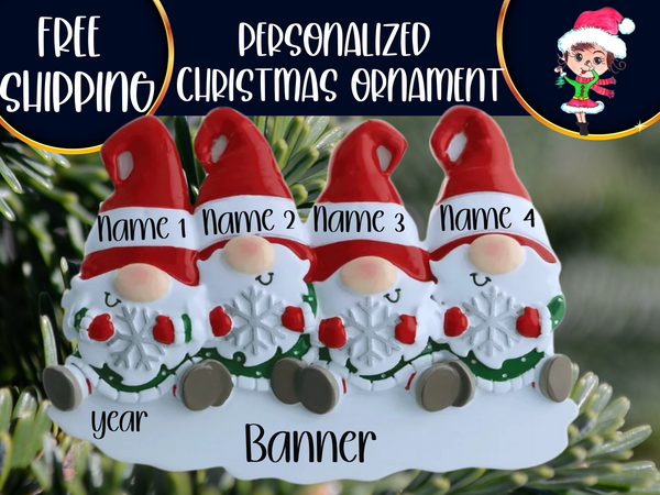 Gnome Family of 4 Personalized Christmas Ornament