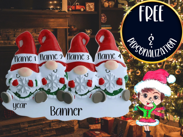 Gnome Family of 4 Personalized Christmas Ornament