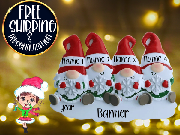 Gnome Family of 4 Personalized Christmas Ornament