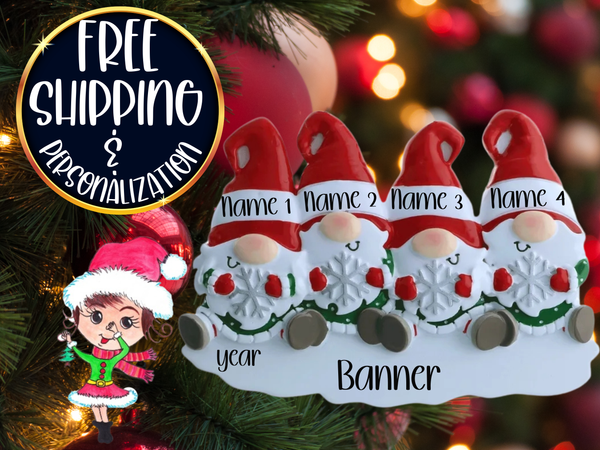 Gnome Family of 4 Personalized Christmas Ornament