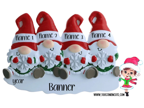 Gnome Family of 4 Personalized Christmas Ornament