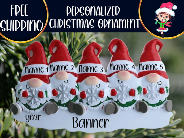 Gnome Family of 5 Personalized Christmas Ornament