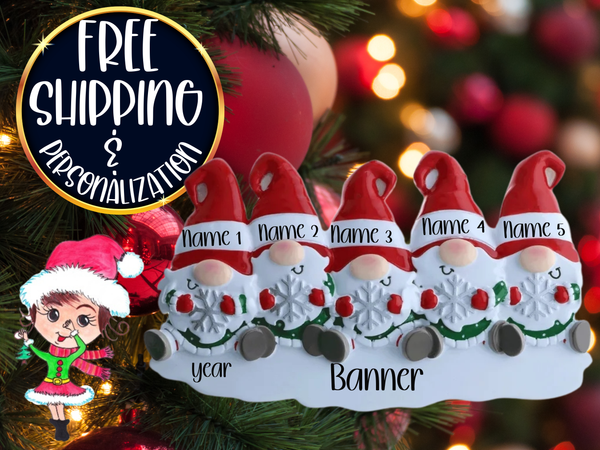 Gnome Family of 5 Personalized Christmas Ornament