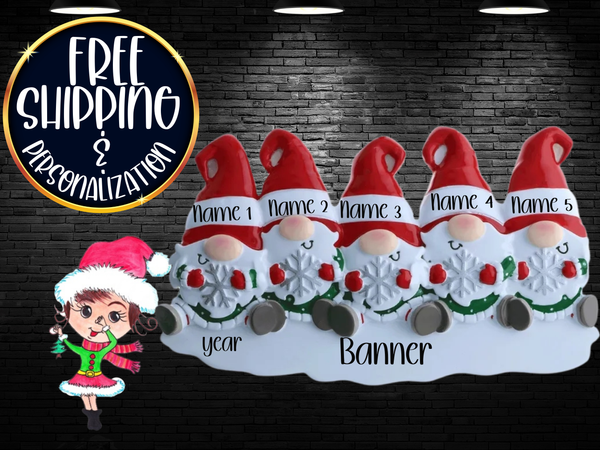 Gnome Family of 5 Personalized Christmas Ornament