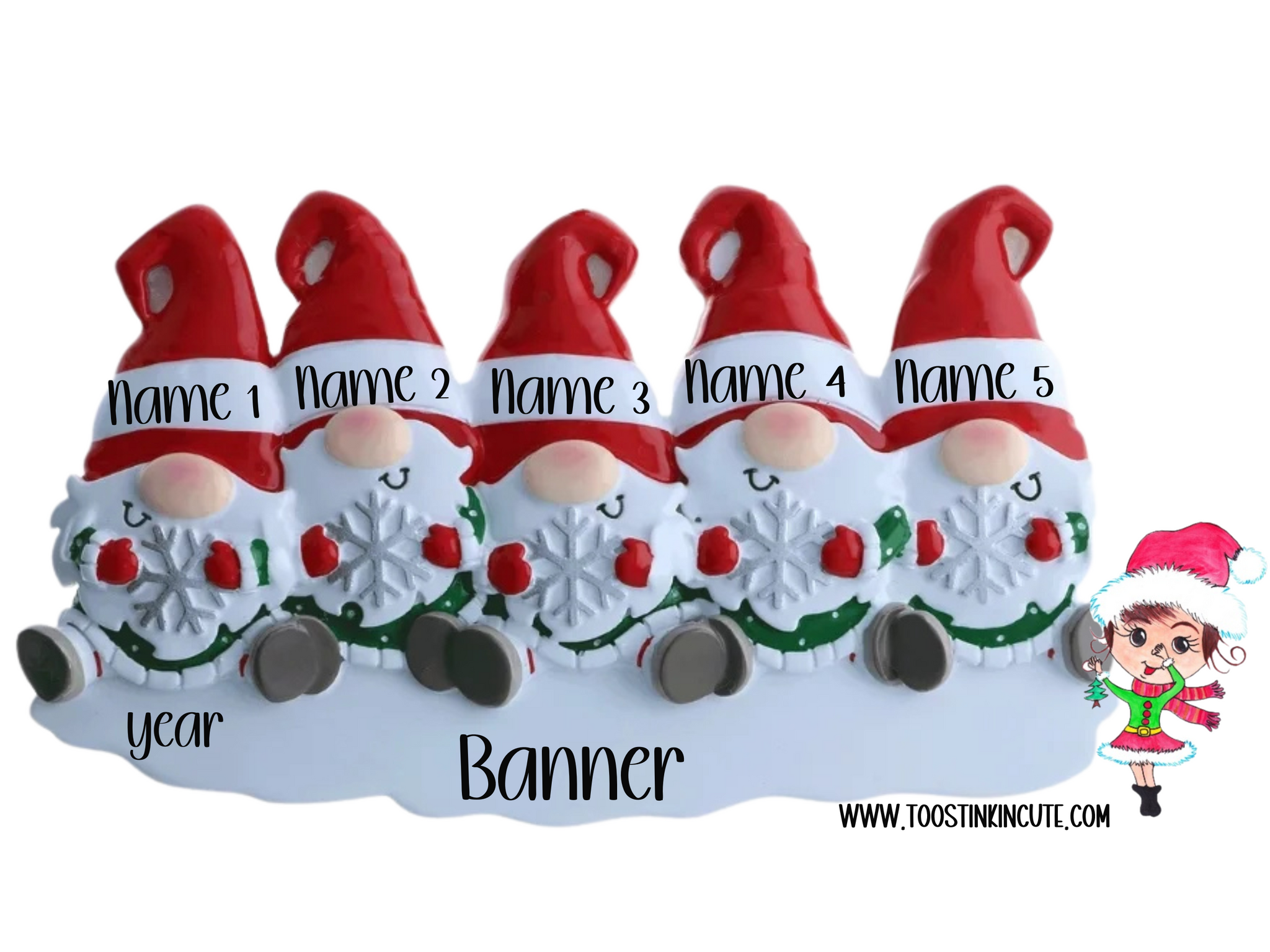 Gnome Family of 5 Personalized Christmas Ornament