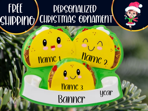 Taco Family of 3 Personalized Christmas Ornament