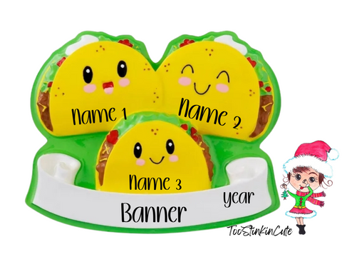 Taco Family of 3 Personalized Christmas Ornament