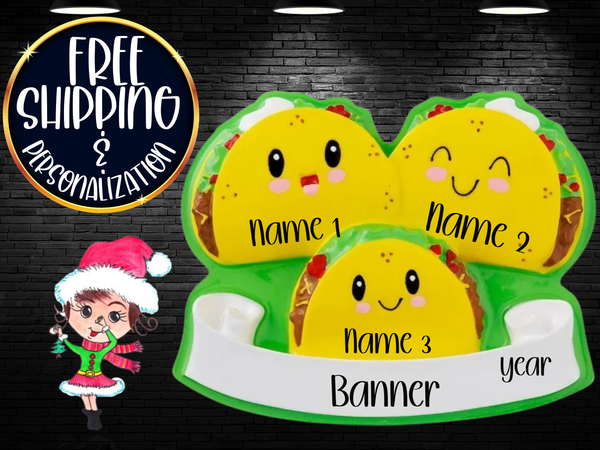 Taco Family of 3 Personalized Christmas Ornament