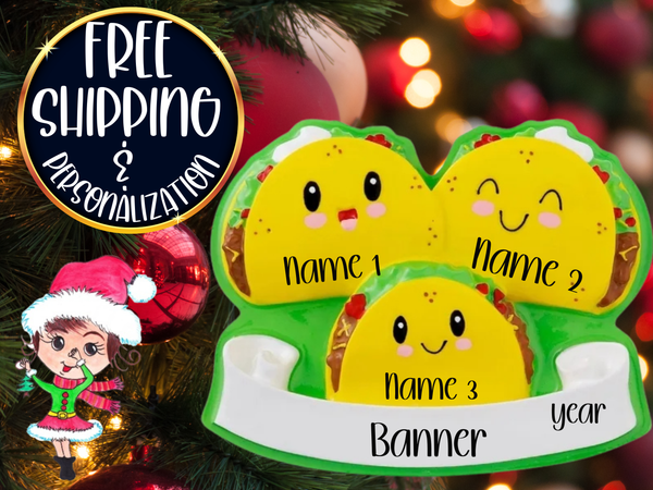 Taco Family of 3 Personalized Christmas Ornament