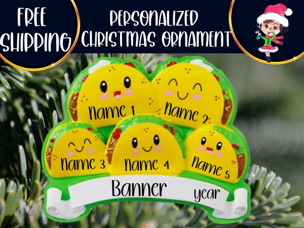 Taco Family of 5 Personalized Christmas Ornament