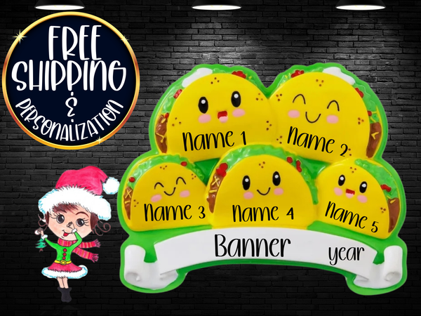 Taco Family of 5 Personalized Christmas Ornament