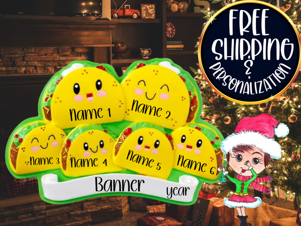 Taco Family of 6 Personalized Christmas Ornament