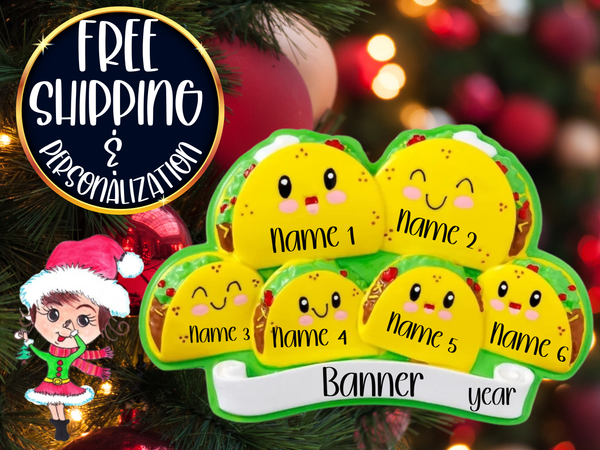 Taco Family of 6 Personalized Christmas Ornament