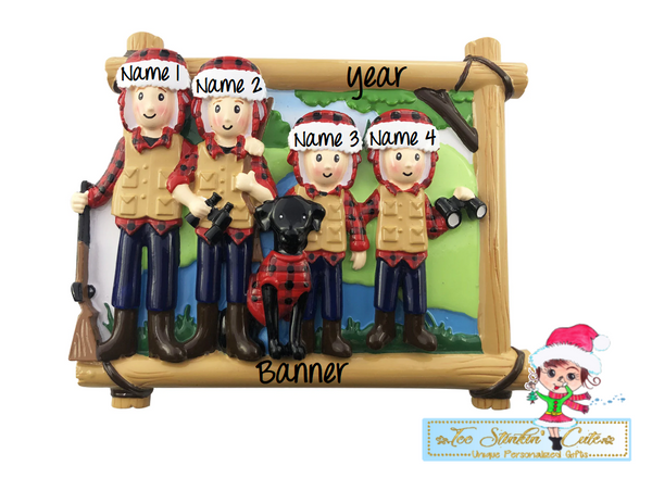 Personalized Christmas Hunting Family of 4 w/ dog Ornament|Camper Ornament|Camping Ornament|Happy Camper|Camping Gift|Happy Camper Ornament