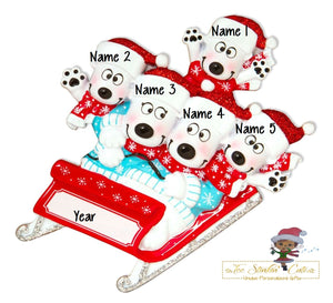 Christmas Ornament Bears on Sled Family of 5/ Friends/ Coworkers Personalized! + Free Shipping!