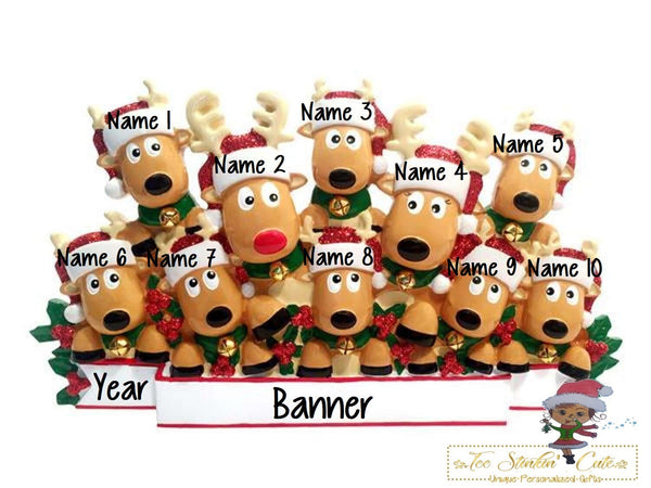 Personalized Christmas Table Topper Reindeer Family of 10 + Free Shipping!