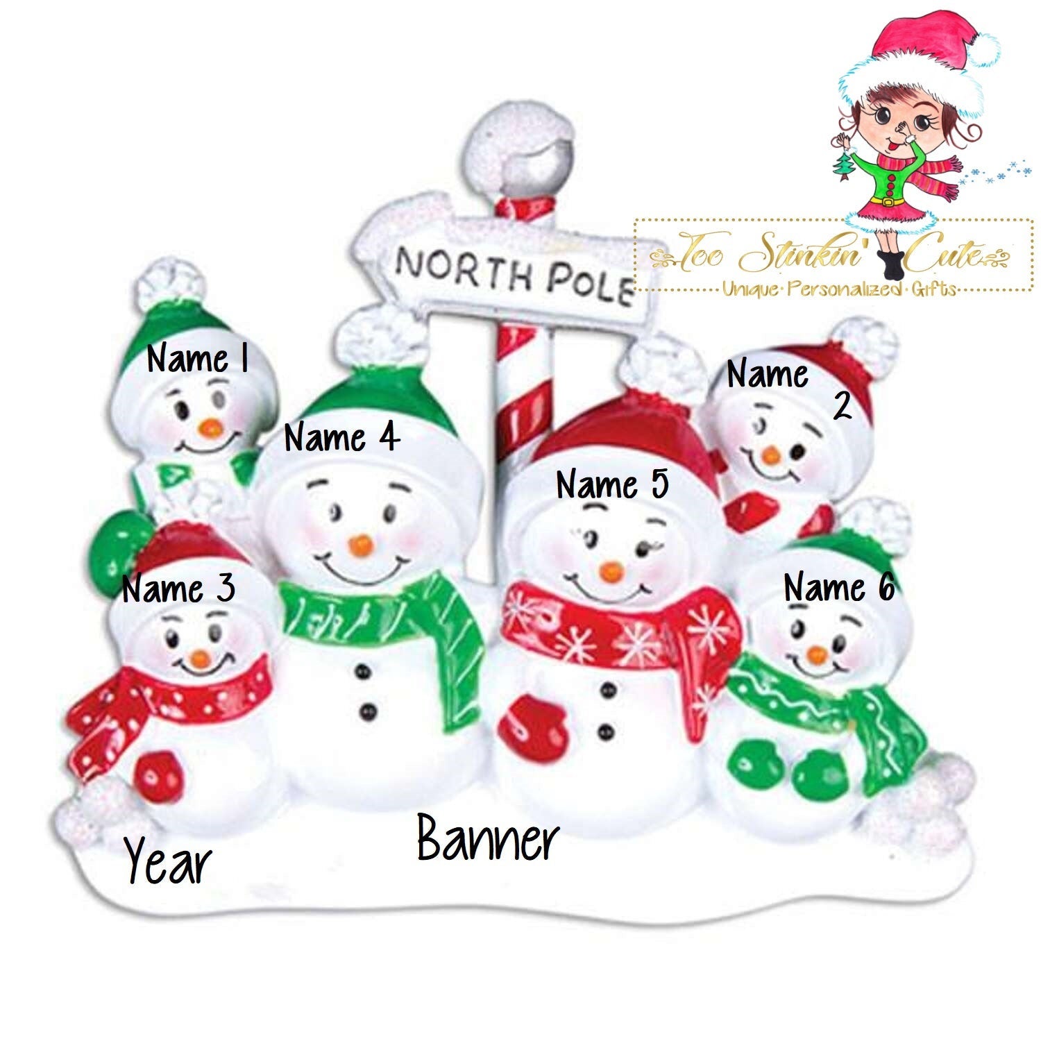 Christmas Ornament Snowman Family of 6 North Pole/ Friends/ Coworkers - Personalized + Free Shipping