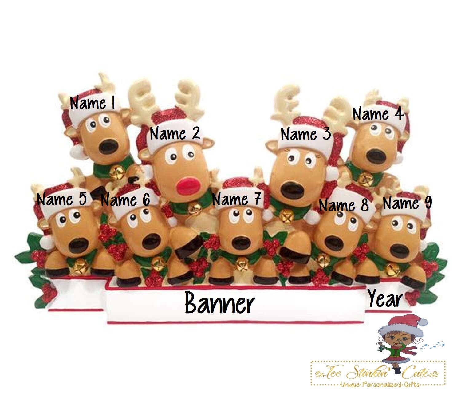 Personalized Christmas Table Topper Reindeer Family of 9 + Free Shipping!