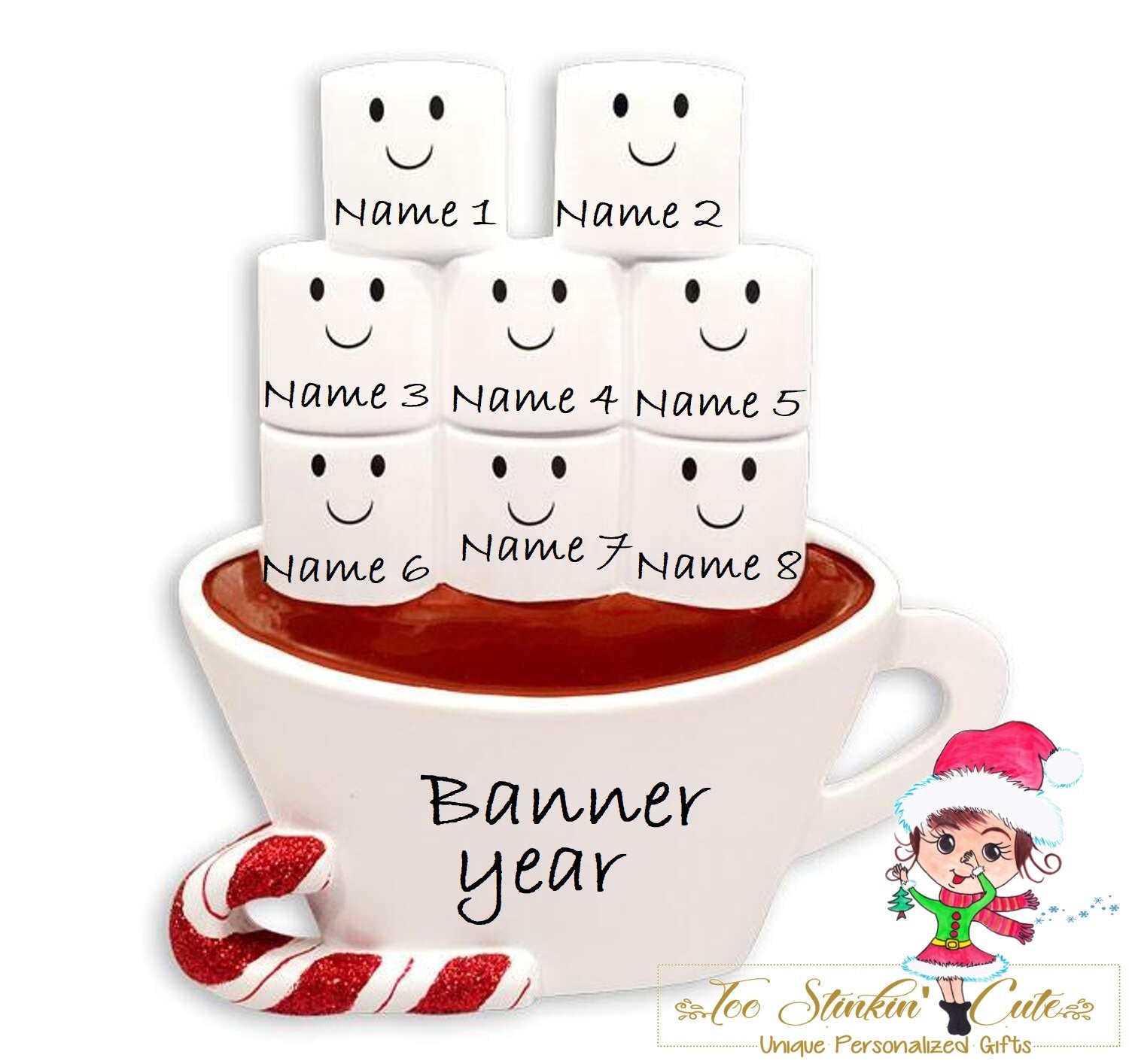 Personalized Christmas Table Topper Hot Chocolate Marshmallow Family of 8/ Best Friends/ Coworkers + Free Shipping!